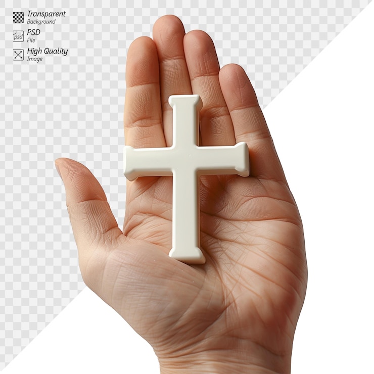 PSD hand holding a white cross on a transparent background
