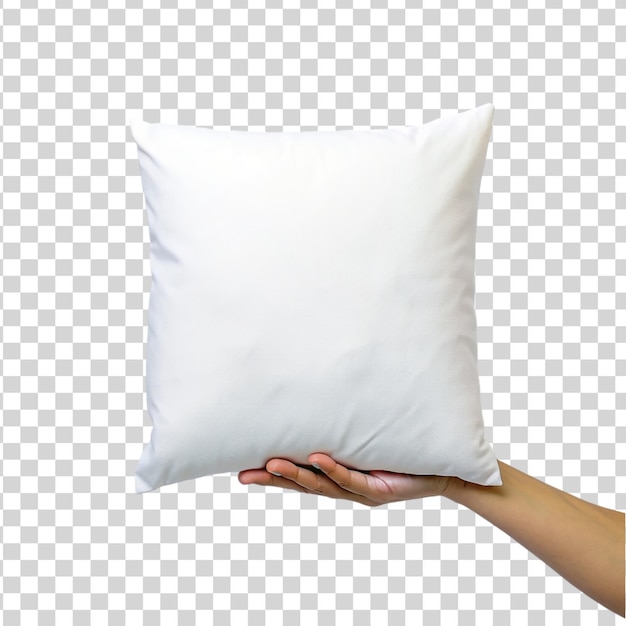 PSD hand holding white pillow isolated on transparent background