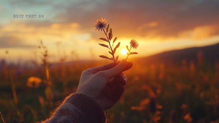 PSD 夕暮れの野生の花を手で握る