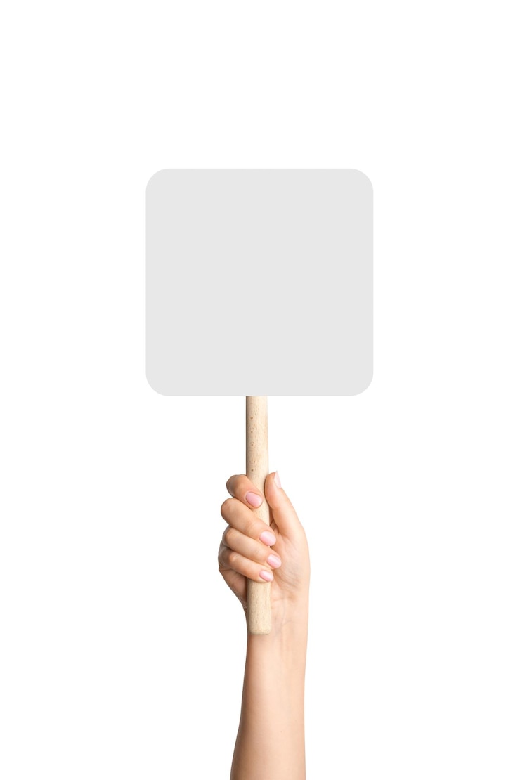 PSD hand holding wooden stick or blank protest sign on blank background