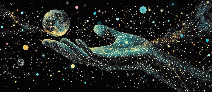 PSD hand holding a world in a starry night