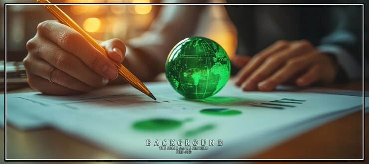 PSD a hand holding a yellow pencil points to a green globe on a table covered in graphs