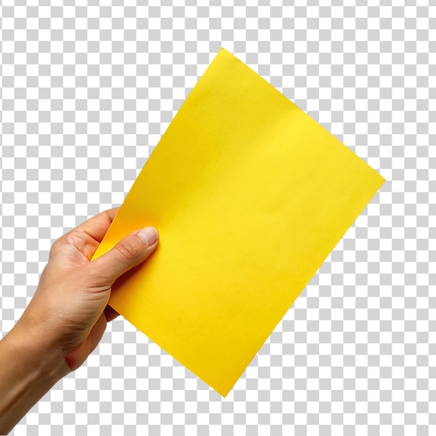 Hand holding yellow sticky note isolated on transparent background