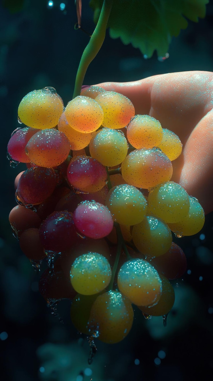 PSD a hand holds a cluster of ripe wet grapes with water droplets