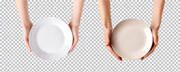 PSD hand holds empty plate on transparent background top view