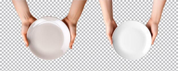 PSD hand holds empty plate on transparent background top view