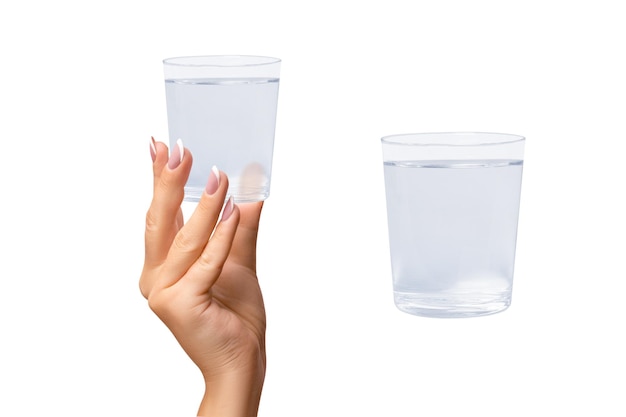 a hand holds a glass of water on isolated transparent background