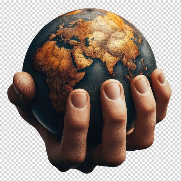 PSD a hand holds a globe with the word world on it