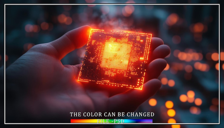PSD a hand holds a glowing futuristic microprocessor representing technological advancement