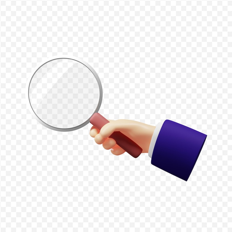 PSD hand holds a magnifying glass isolated 3d rendering