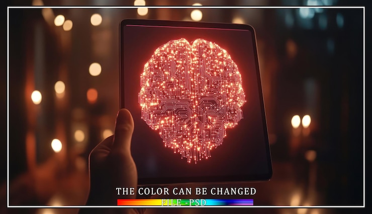 PSD a hand holds a tablet displaying a glowing digital brain against a bokeh background