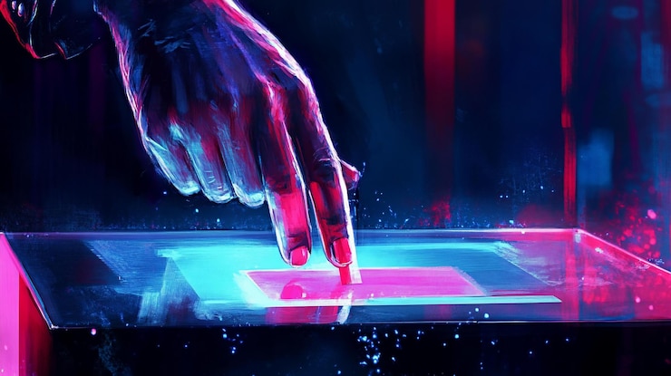 PSD a hand hovers over a glowing pink square on a glass surface illuminated by vibrant blue and red light
