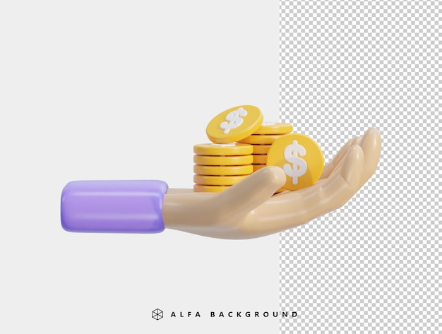 Hand in gouden munten stapel geïsoleerde achtergrond op geld besparen pictogram illustratie