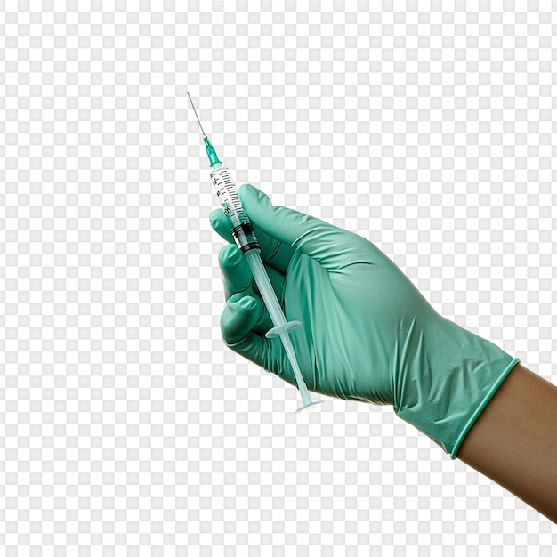 Hand in handschoen met een spuit geïsoleerd op doorzichtige achtergrond
