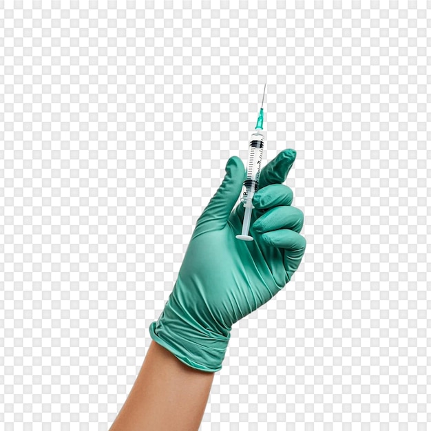 Hand in handschoen met een spuit geïsoleerd op doorzichtige achtergrond