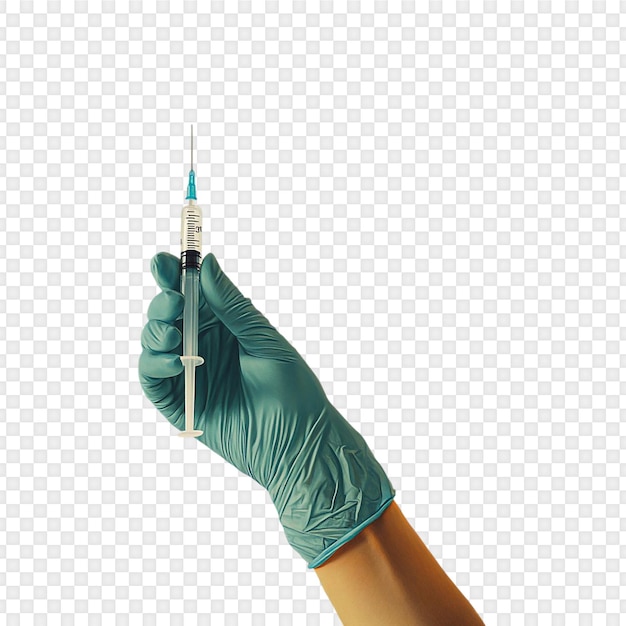 Hand in handschoen met een spuit geïsoleerd op doorzichtige achtergrond