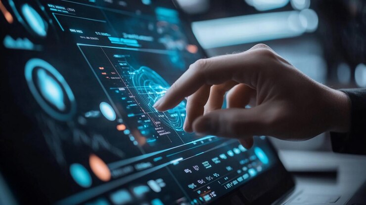 PSD hand interacting with futuristic digital interface