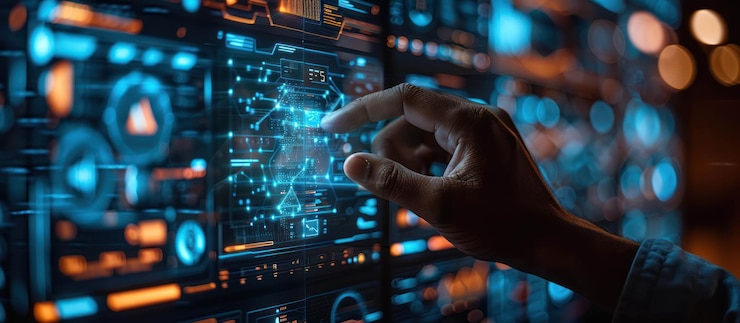 PSD hand interacting with futuristic digital interface