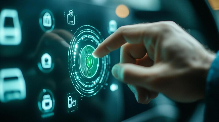 PSD hand interacting with a futuristic touchscreen interface displaying security features