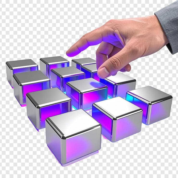 PSD hand interacting with glowing silver cubes