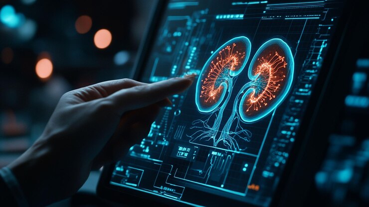 PSD hand interacts with digital kidney scan on tablet