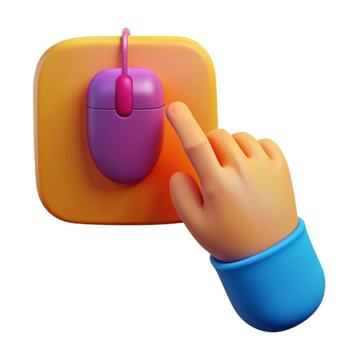 PSD a hand is touching a computer mouse with a purple button