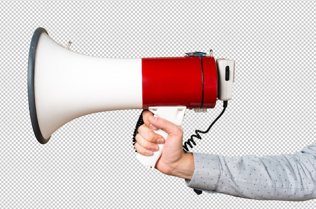 Hand of man holding shouting by megaphone