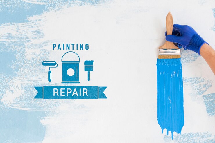 PSD hand met borstel met blauwe verf mock-up
