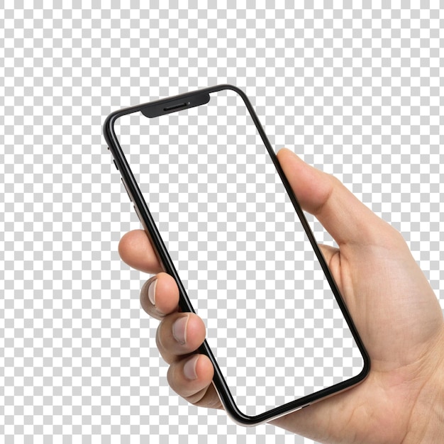 Hand met een lege smartphone mockup isoleren doorzichtig op de achtergrond