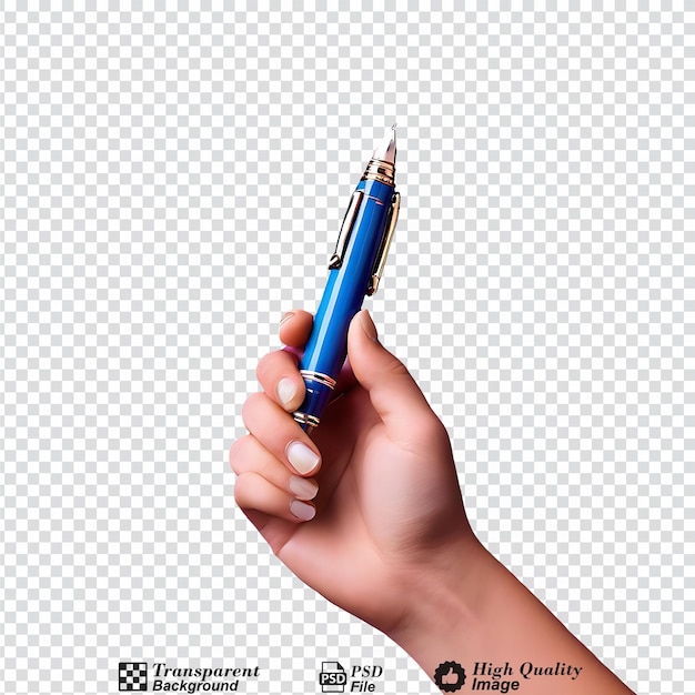 PSD hand met een pen geïsoleerd op een doorzichtige achtergrond