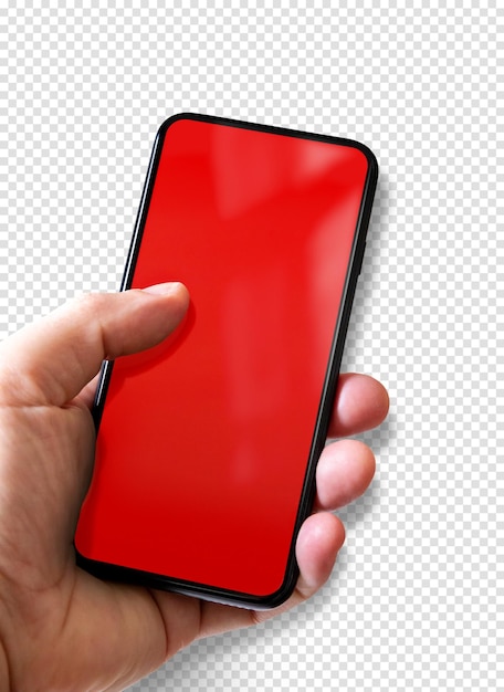 Hand met een smartphone met leeg rood scherm geïsoleerd op transparante achtergrond met schaduw