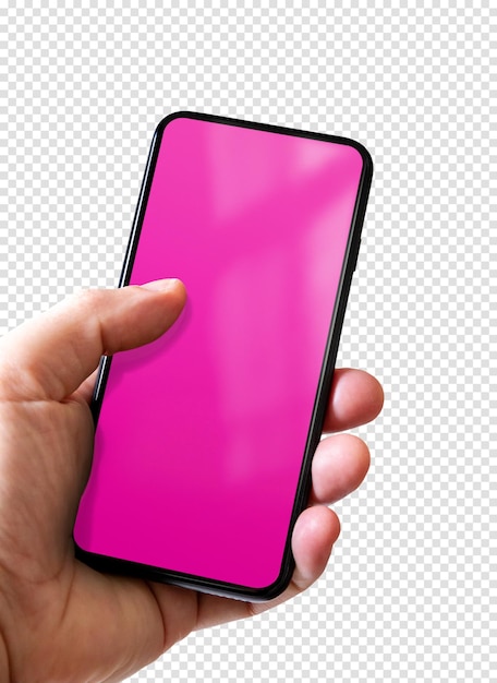 Hand met een smartphone met leeg roze scherm geïsoleerd op transparante achtergrond met schaduw