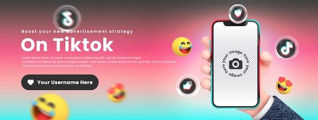 Hand met mobiele smartphone tiktok-pictogrammen rond 3D-mockup voor facebook-omslag of bannersjabloon