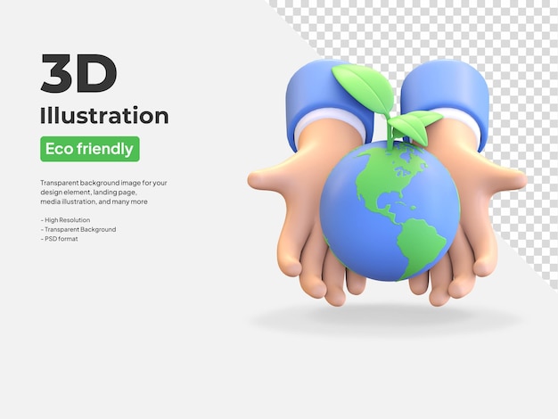 Hand met planeet aarde en plant pictogram aarde dag symbool 3d render illustratie