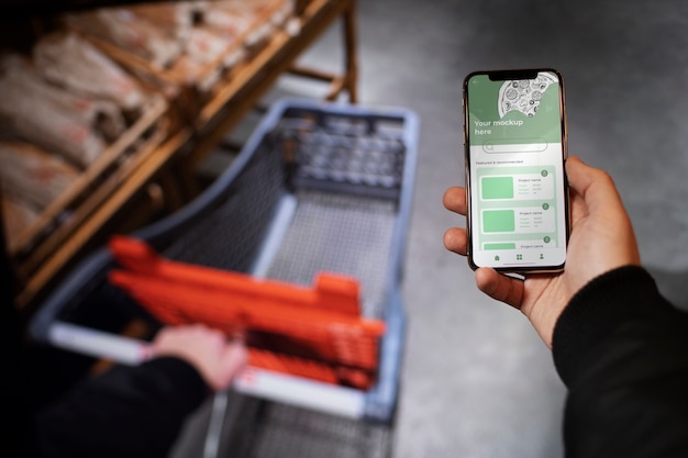 Hand met smartphone in de supermarkt