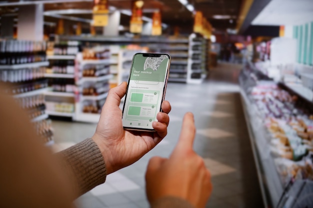 PSD hand met smartphone in de supermarkt