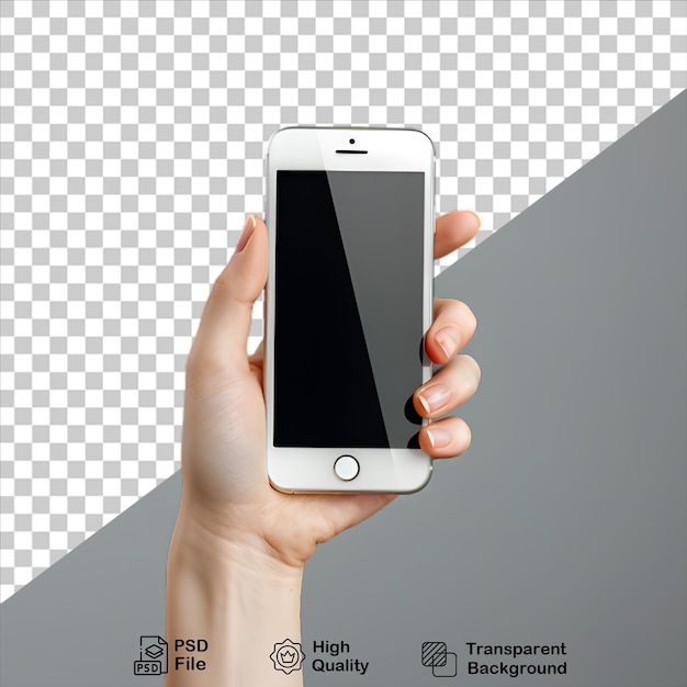 Hand met smartphone mobiele mockup geïsoleerd op transparante achtergrond