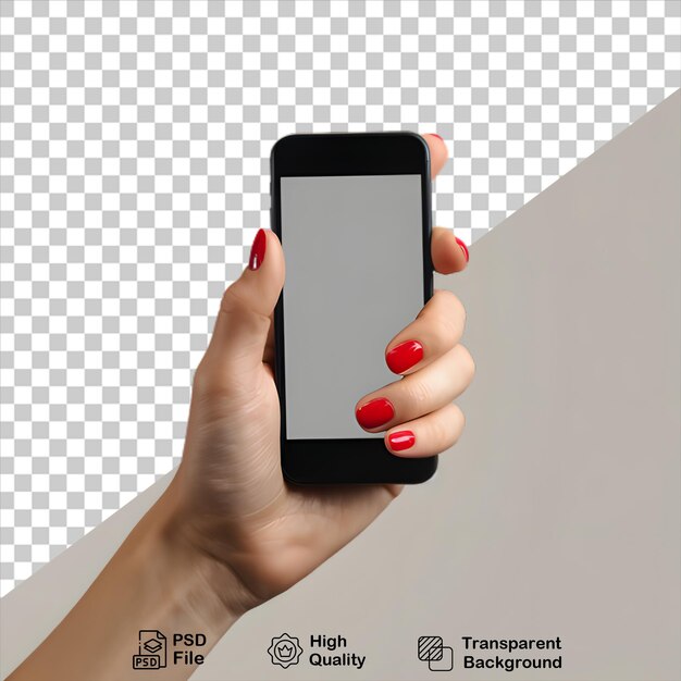 Hand met smartphone mobiele mockup geïsoleerd op transparante achtergrond