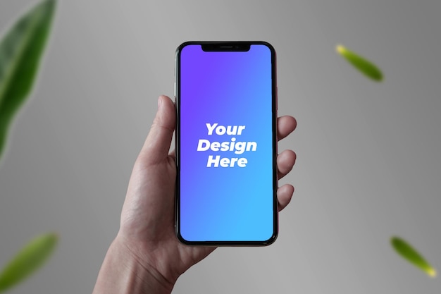 Hand met smartphone mockup PSD op het scherm van de mobiele telefoon