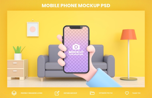 Hand met telefoon 3d rendering mockup voor social media postsjabloon