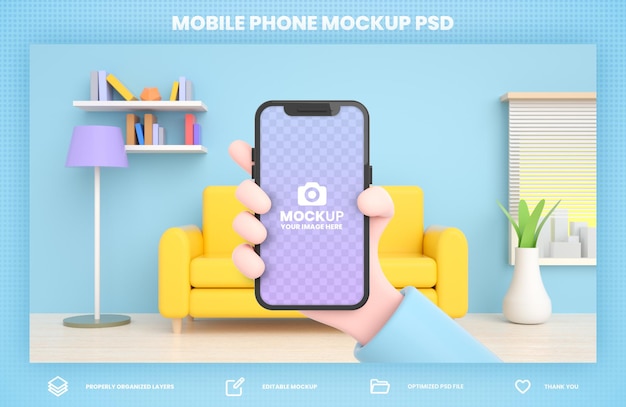 Hand met telefoon 3d rendering mockup voor social media postsjabloon