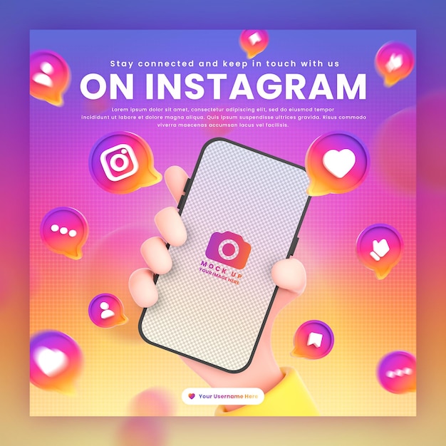 Hand met telefoon instagram pictogrammen rond 3d-rendering mockup voor promotie instagram postsjabloon