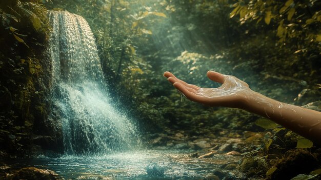 hand outstretched beneath a cascading waterfall in lush rainforest