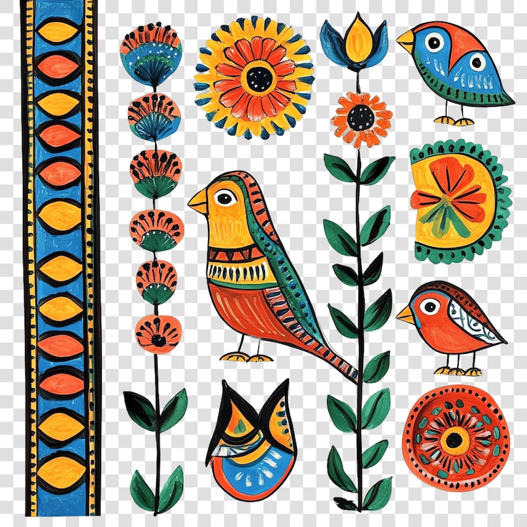 PSD hand painted madhubani art panels isolated on a transparent background