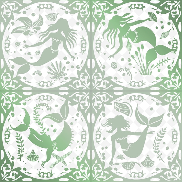 PSD hand painted tile outline with mermaid design and seashell illustration decor motifs collection