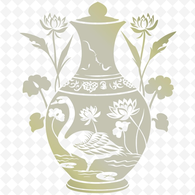 PSD hand painted vase outline with swan design and lily pad acc illustration decor motifs collection