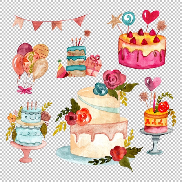 PSD hand painting birthday cakes in watercolor collection