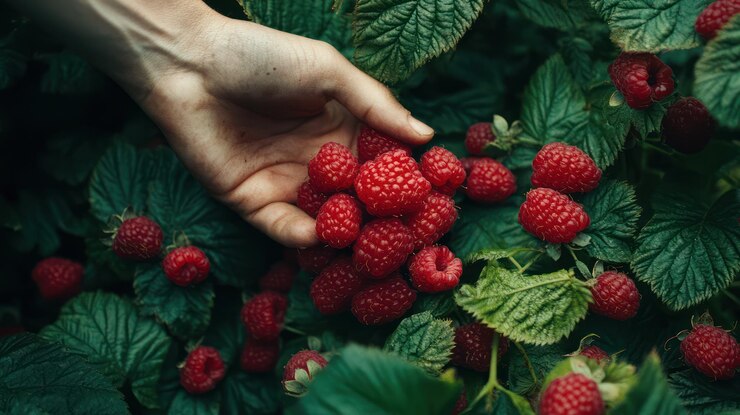 PSD hand picking fresh raspberries from the bush a summer harvest