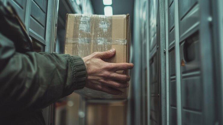 PSD 手が紙箱を安全な保管ロッカーに入れる