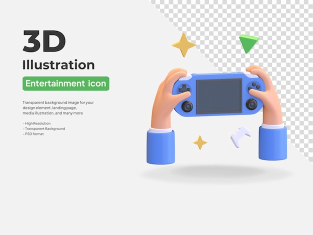 Hand playing portable game icon console entertainment 3d render illustration